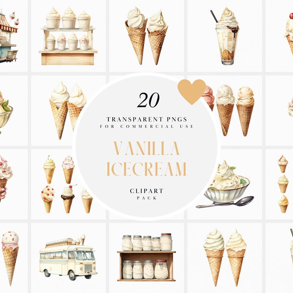 Watercolor Vanilla Ice Cream Clipart, Ice Cream Cone Clipart, Vanilla IceCream Bowl Clipart, Truck and Sundaes PNG Graphic, Commercial Use