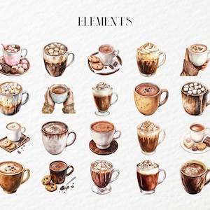 May include: Watercolor illustrations of various hot chocolate drinks with marshmallows, whipped cream, and chocolate shavings. The illustrations are in a vintage style and are perfect for use in digital or printed projects.