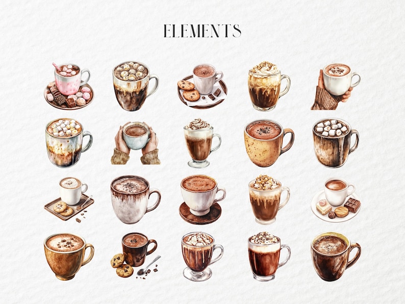 May include: Watercolor illustrations of various hot chocolate drinks with marshmallows, whipped cream, and chocolate shavings. The illustrations are in a vintage style and are perfect for use in digital or printed projects.