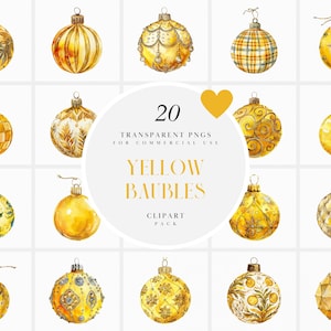 Adornos navideños de acuarela, bolas navideñas amarillas, adornos para árboles de Navidad, decoración navideña, temporada navideña, PNG transparente, uso comercial