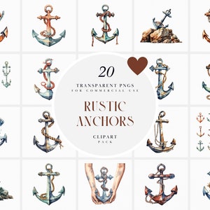 Clipart di ancoraggio rustico nautico dell'acquerello, clipart di ancore rustiche marittime, clipart, clipart di ruota di nave, PNG trasparente, uso commerciale
