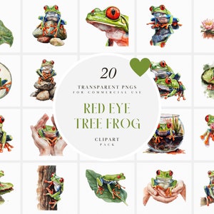 Aquarelle yeux rouges rainette Clipart, Clipart grenouilles, amphibiens, herpétologie, forêt tropicale, graphiques PNG Transparents, usage commercial