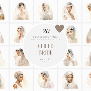 Aquarell verschleierte Braut Clipart, Braut mit Schleier Clipart, Junggesellinnenparty Clipart Braut Hochzeit Clipart, transparente PNG, kommerzielle Nutzung