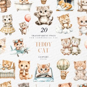 May include: A collection of 20 transparent PNGs showcasing charming teddy cat illustrations. The cats are shown in diverse scenarios, such as in a bathtub, on a plane, and driving a car. The text "TEDDY CAT CLIPART PACK" is also visible.