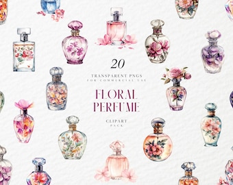 May include: A set of 20 watercolor illustrations of floral perfume bottles. The bottles are various shapes and sizes, with different floral designs and colors. The text "20 TRANSPARENT PNGS FOR COMMERCIAL USE FLORAL PERFUME CLIPART PACK" is in the center of the image.