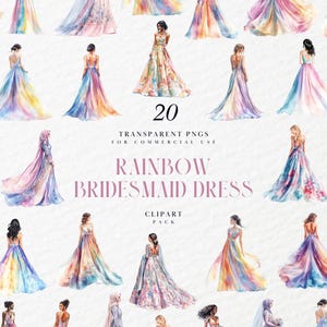 Può includere: Illustrazioni ad acquerello di abiti da damigella d'onore arcobaleno. Gli abiti presentano gonne fluenti in vari colori, tra cui rosa, giallo, blu e viola. Il testo sull'immagine recita "20 PNG trasparenti per uso commerciale Rainbow Bridesmaid Dress Clipart Pack."