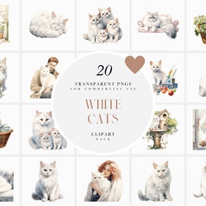 Aquarelle chat blanc des cliparts, des cliparts mignons chats blancs, des cliparts chatons blancs, des cliparts chat maison pour animaux de compagnie, graphique PNG Transparent, usage Commercial