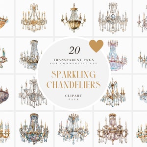 Op de afbeelding: Een set van 20 aquarel illustraties van sprankelende kroonluchters. De kroonluchters zijn in verschillende stijlen en kleuren, waaronder goud, zilver en kristal. De illustraties zijn perfect om een ​​toets van elegantie toe te voegen aan elk ontwerp project.