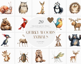 Watercolor Quirky Woodland Animals Clipart, Cute Funny Forest Animals Clipart, Whimsical Animals, Transparent PNG Graphics, Commercial Use