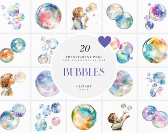 Watercolor Bubbles Clipart, Blowing Bubbles Clipart, Bubble Popping Clipart, Iridescent Bubbles, Transparent PNG Graphics, Commerical Use