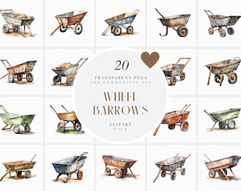 Watercolor Rustic Wheel Barrow Clipart, Old Wheel Barrows Clipart, Empty Retro Wheelbarrow Clipart, Transparent PNG Graphics, Commercial Use