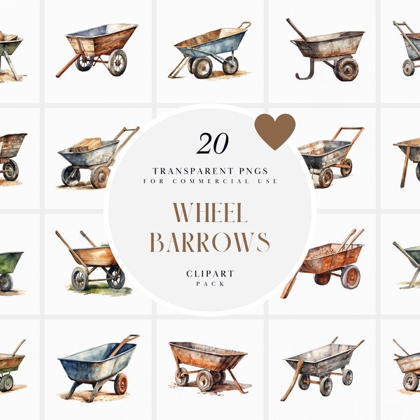 Watercolor Rustic Wheel Barrow Clipart, Old Wheel Barrows Clipart, Empty Retro Wheelbarrow Clipart, Transparent PNG Graphics, Commercial Use