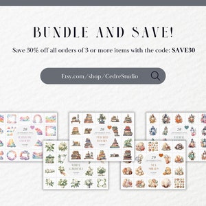 May include: A digital download of 20 watercolor clipart images featuring rainbow clouds, white gardenias, stacked books, and sea shells. The images are perfect for crafting, scrapbooking, and digital design projects. Save 30% off all orders of 3 or more items with the code SAVE30.
