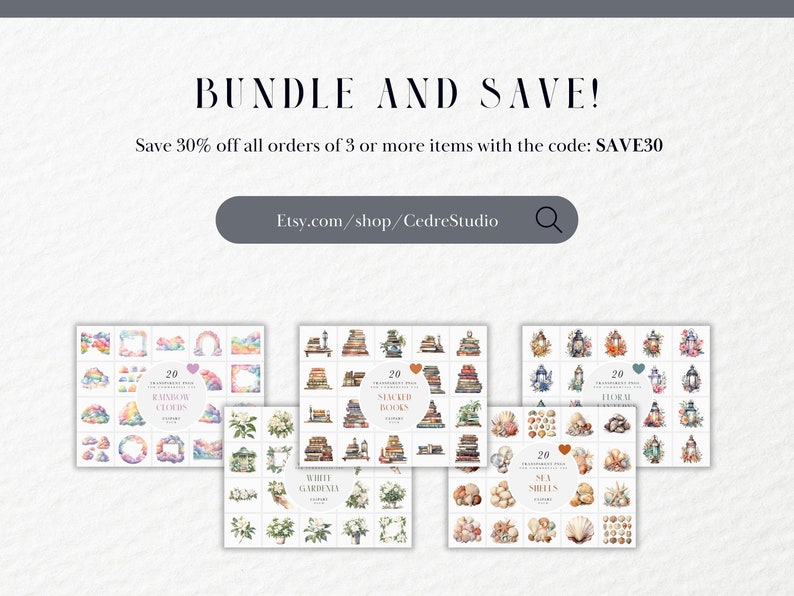 May include: A digital download of 20 watercolor clipart images featuring rainbow clouds, white gardenias, stacked books, and sea shells. The images are perfect for crafting, scrapbooking, and digital design projects. Save 30% off all orders of 3 or more items with the code SAVE30.