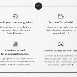 May include: A white graphic with black text and icons. The text includes questions and answers about graphics creation, refunds, commercial use, and accessing PNG files. The C&Egrave;DRE STUDIO logo is at the top.