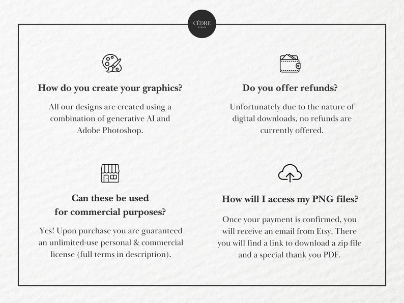 May include: A white graphic with black text and icons. The text includes questions and answers about graphics creation, refunds, commercial use, and accessing PNG files. The C&Egrave;DRE STUDIO logo is at the top.