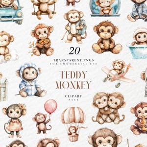 May include: A collection of 20 transparent PNGs of teddy bear monkeys in a watercolour style. The monkeys are shown in different scenarios, such as driving a car, holding flowers, and in a hot air balloon. The image includes the text "TEDDY MONKEY CLIPART PACK".