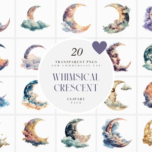 Clipart acquerello capriccioso a mezzaluna, mezzaluna, celeste, astrologia, elementi magici, fantasia wicca, PNG trasparente, uso commerciale