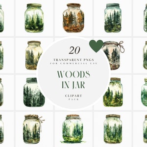 Puede incluir: Veinte ilustraciones de acuarela de una escena de bosque dentro de un frasco de vidrio. Los frascos son transparentes y tienen un aspecto rústico y vintage. Las escenas del bosque son detalladas e incluyen árboles, follaje y un toque de niebla. Las ilustraciones son perfectas para agregar un toque de naturaleza a tus diseños.
