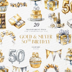 Watercolor Gold & Silver 50th Birthday Clipart, Elegant Glitter, Queen Turning Fifty, Glam Party Graphics, Transparent PNG, Commercial Use