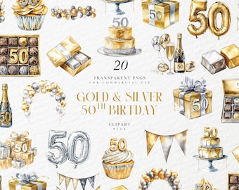 Watercolor Gold & Silver 50th Birthday Clipart, Elegant Glitter, Queen Turning Fifty, Glam Party Graphics, Transparent PNG, Commercial Use