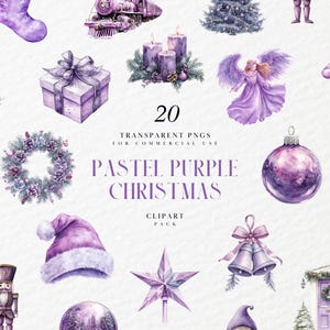 May include: A set of 20 pastel purple Christmas clip art images. The images include a snowman, a wreath, a snowflake, a nutcracker, a stocking, a train, candles, an angel, a candy cane, a Santa Claus, an ornament, a sleigh, a bell, a star, a gnome, and a door.