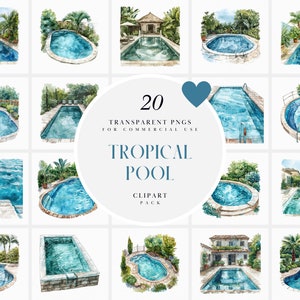 Imágenes prediseñadas de piscina tropical de acuarela, imágenes prediseñadas de piscina de vacaciones de verano, imágenes prediseñadas de piscina de resort, uso comercial gráfico PNG transparente