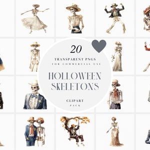 May include: A set of 20 digital clipart images featuring watercolor illustrations of skeletons in various poses and outfits. The skeletons are dressed in formal attire, including suits, dresses, and hats. The text "20 TRANSPARENT PNGS FOR COMMERCIAL USE HALLOWEEN SKELETONS CLIPART PACK" is displayed in the center of the image.