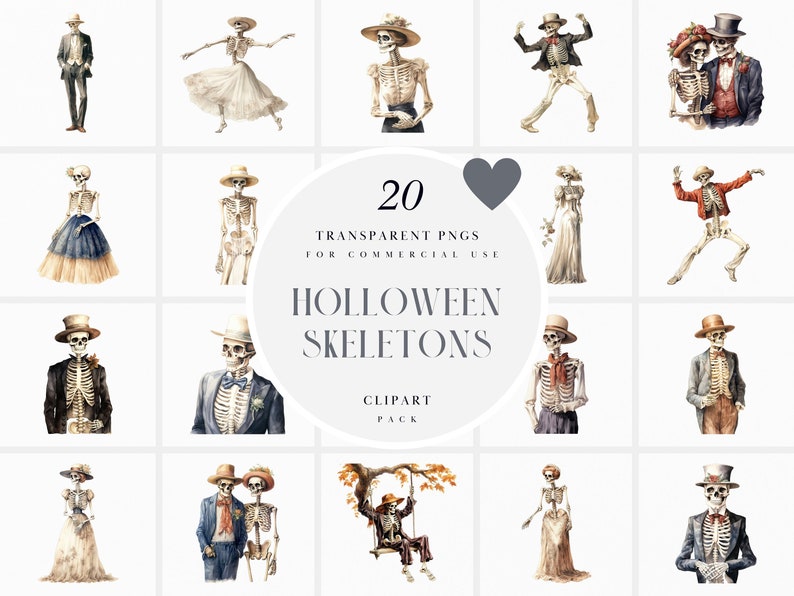 May include: A set of 20 digital clipart images featuring watercolor illustrations of skeletons in various poses and outfits. The skeletons are dressed in formal attire, including suits, dresses, and hats. The text "20 TRANSPARENT PNGS FOR COMMERCIAL USE HALLOWEEN SKELETONS CLIPART PACK" is displayed in the center of the image.