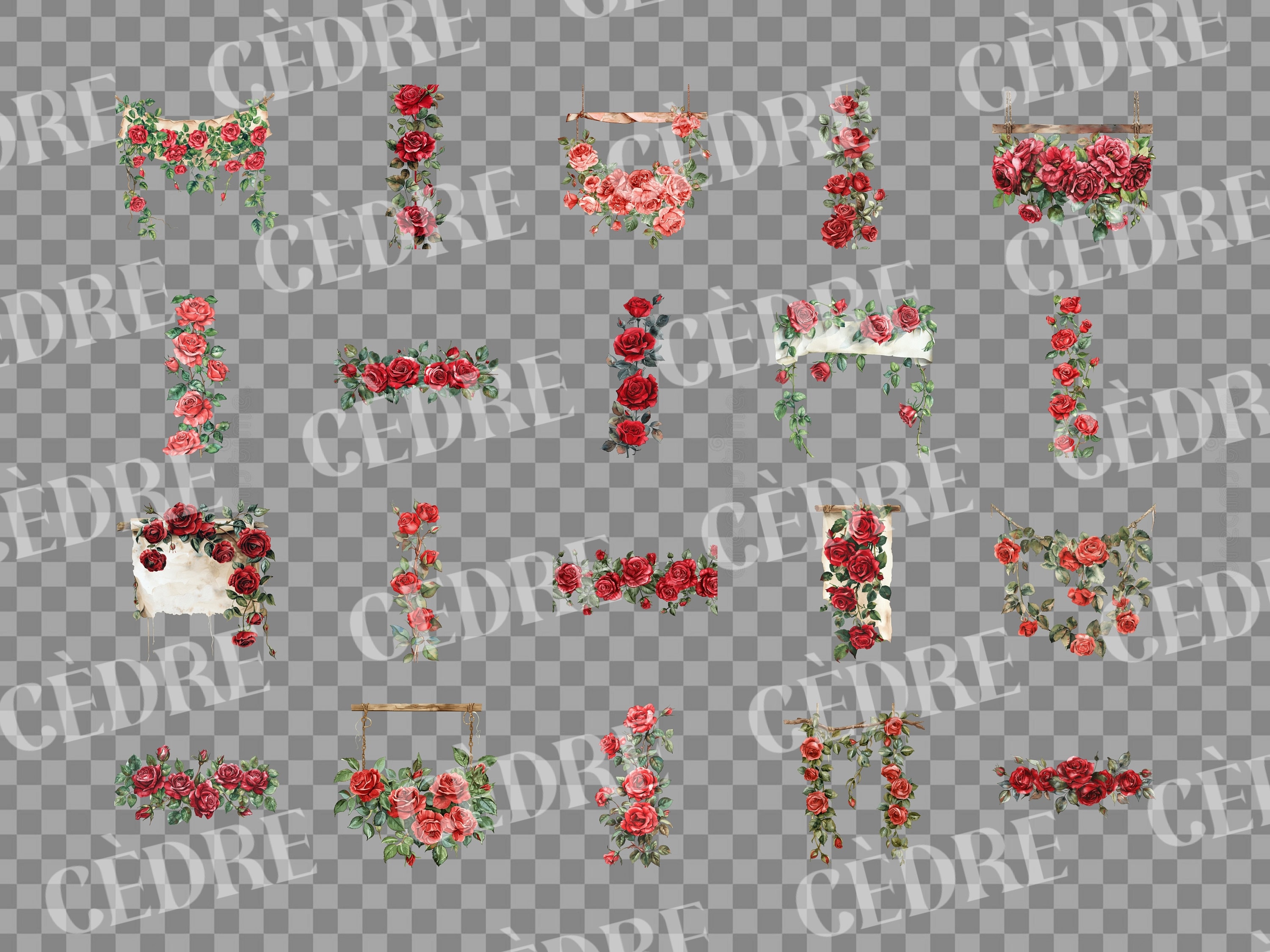 Watercolor Red Rose Banner Clipart, Red Roses Banners Clipart, Card ...