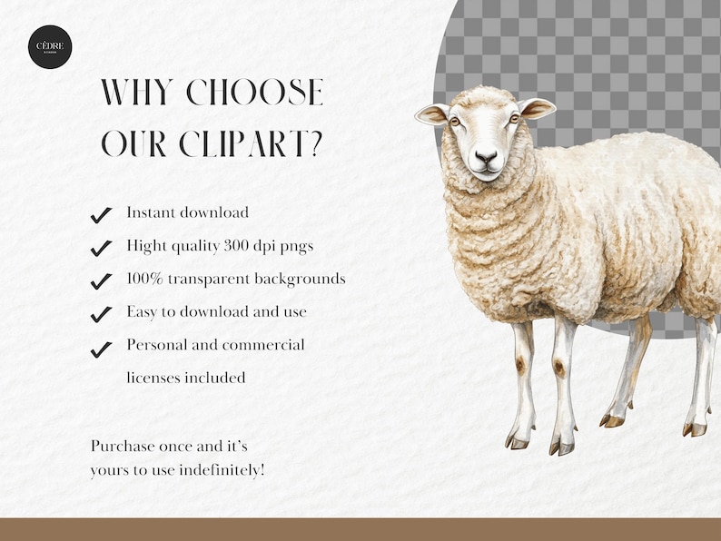 May include: Watercolor illustration of a sheep with the text "WHY CHOOSE OUR CLIPART?" and bullet points listing features like instant download and transparent backgrounds. The sheep is white with tan wool and standing on a white background.