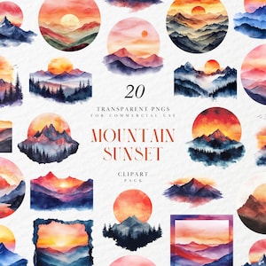 Watercolor Mountain Sunset Clipart, Sunsets Clipart, Landscape Mountain View, Sunset Graphic, Instant Download PNG Format for Commercial Use