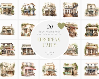 Aquarel Europees café, Franse cafés clipart, Parijse coffeeshop clipart, café storefront clipart, transparante PNG voor commercieel gebruik