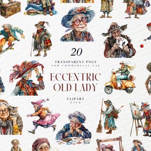 Watercolor Eccentric Old Lady Clipart, Quirky Grandma Illustration, Whimsical Funny Senior Character Art, Transparent PNG, Commercial Use