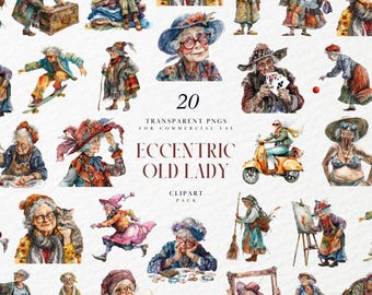 Watercolor Eccentric Old Lady Clipart, Quirky Grandma Illustration, Whimsical Funny Senior Character Art, Transparent PNG, Commercial Use