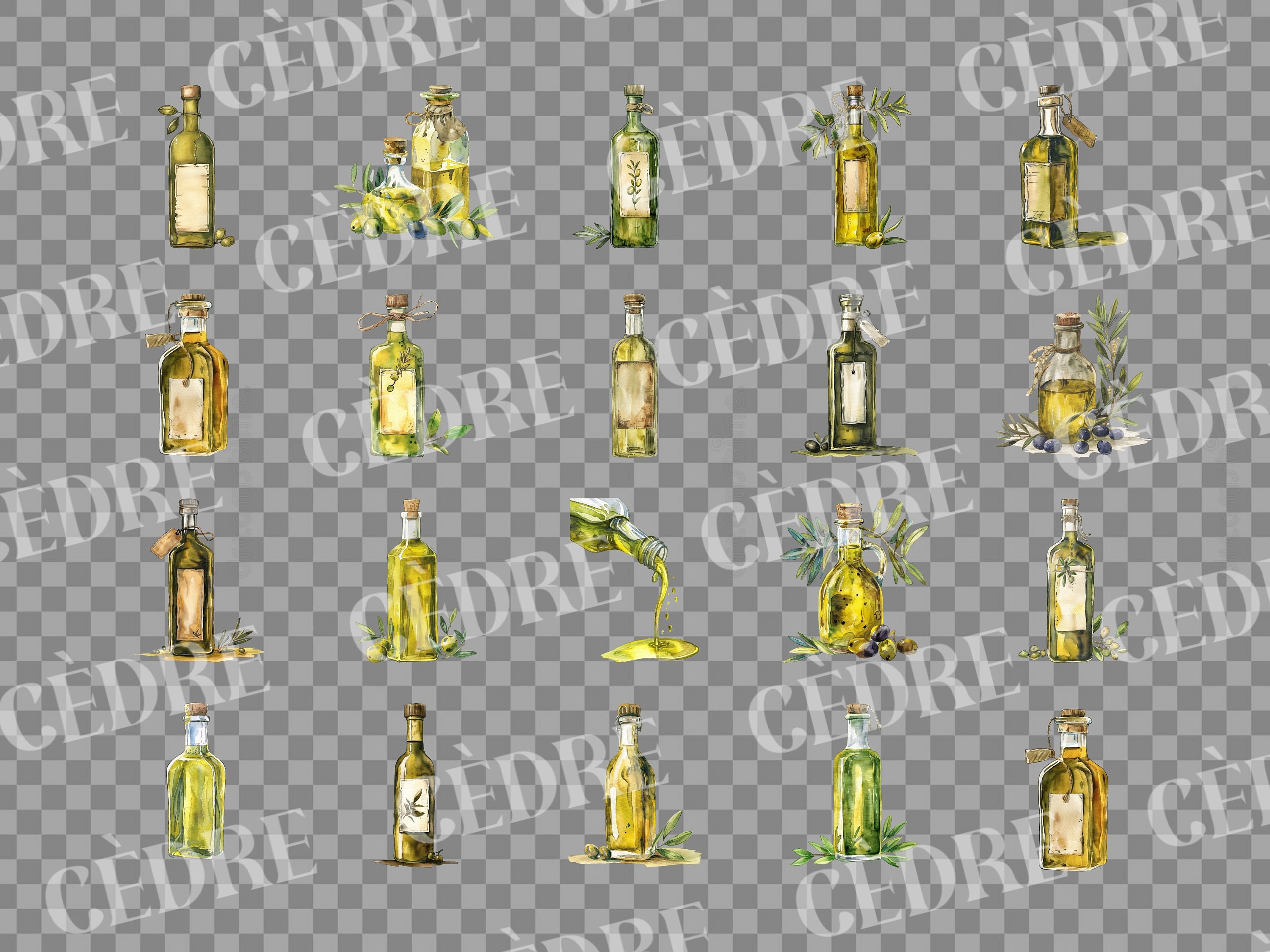 Watercolor Olive Oil Clipart, Cooking Oils, Bottle, Kitchen Elements ...