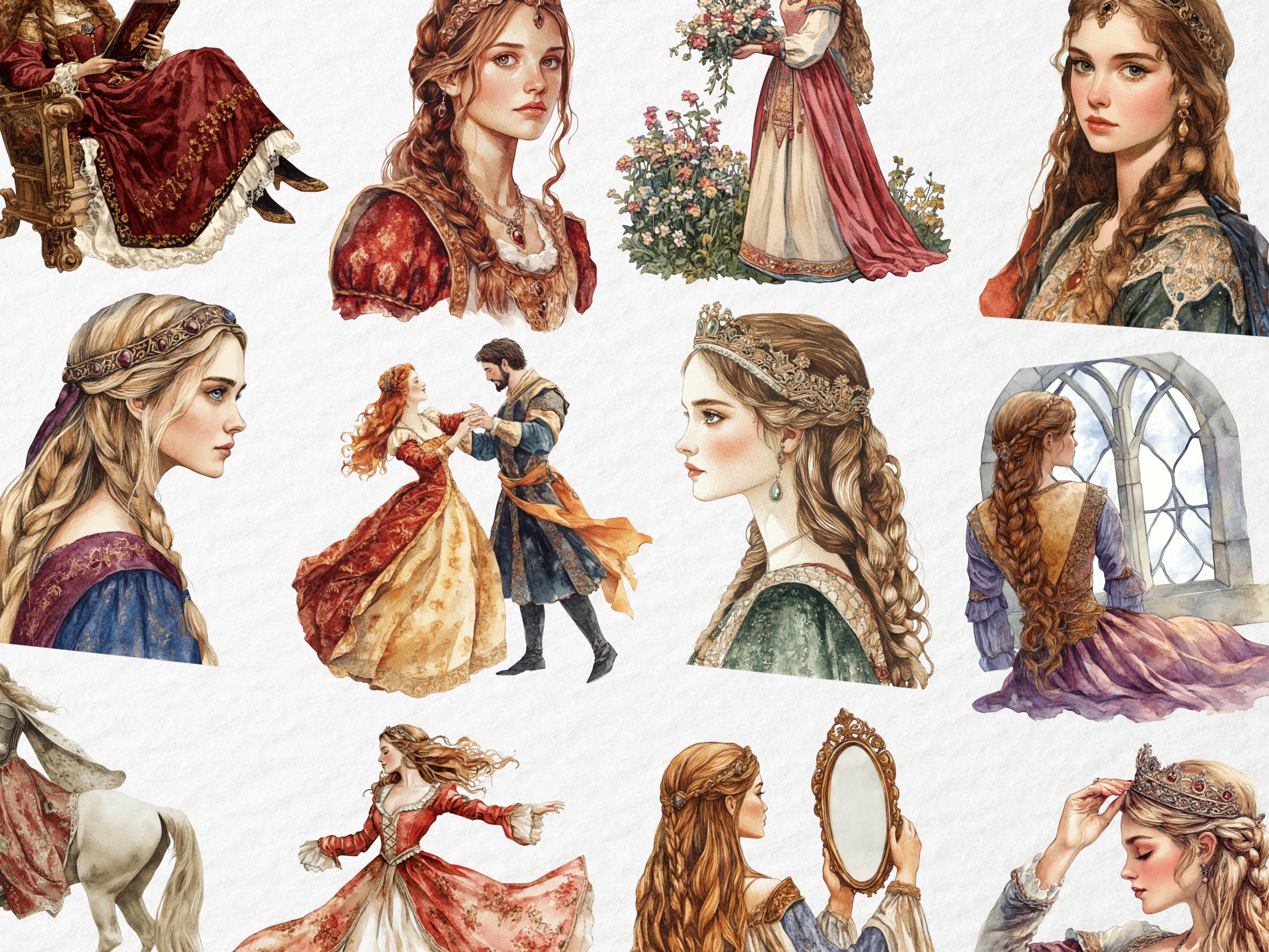 Watercolor Medieval Princess Clipart Regal Vintage Royalty Castle watercolor-medieval-princess-clipart-regal-vintage-royalty-castle