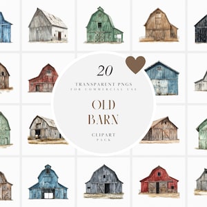 May include: A set of 20 watercolor illustrations of old barns in various colors and styles. The illustrations are perfect for adding a rustic touch to your designs.
