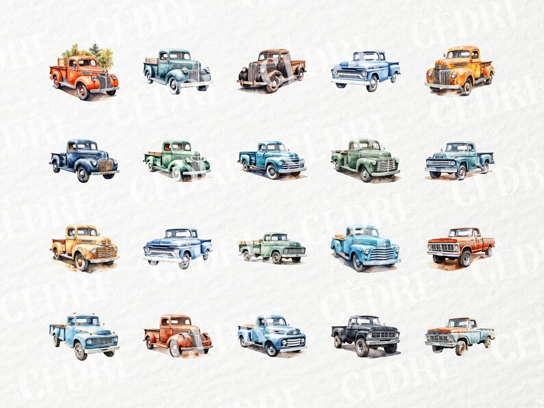 Watercolor Old Pick up Truck Clipart, Colorful Classic Truck Clipart ...