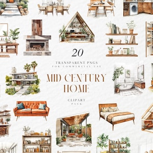 Aquarell Mid Century Haus Clipart, 1950er Jahre Retro Architektur, Vintage moderne Haus Kunst, Atomic Era Design, transparente PNG, kommerzielle Nutzung