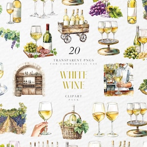 Clipart de vino blanco en acuarela, bebida romántica de viñedo, copa y botella para brindis de boda, arte de cóctel elegante, PNG transparente, uso comercial