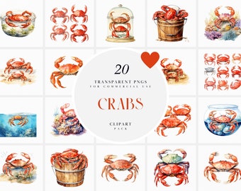 Watercolor Crab Clipart, Sea Life Crabs Clipart, Under the Sea Creatures Clipart, Sea Food Clipart, Transparent PNG Graphics, Commercial Use