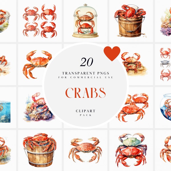 Watercolor Crab Clipart, Sea Life Crabs Clipart, Under the Sea Creatures Clipart, Sea Food Clipart, Transparent PNG Graphics, Commercial Use