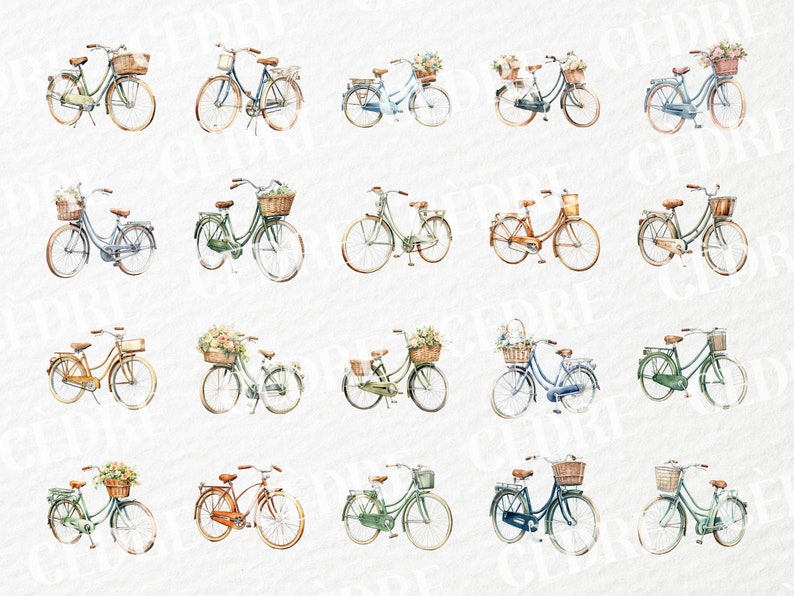 Pode incluir: Uma cole&ccedil;&atilde;o de 20 ilustra&ccedil;&otilde;es de aquarela de bicicletas vintage com cestas cheias de flores. As bicicletas s&atilde;o de v&aacute;rias cores, incluindo azul, verde e marrom. As flores s&atilde;o em tons de rosa, branco e amarelo.