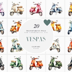 Watercolor Vespas Clipart, Italian  Vespa Clipart, Electric Scooter Clipart, Motorcycle European Piaggio, Transparent PNG, Commercial Use