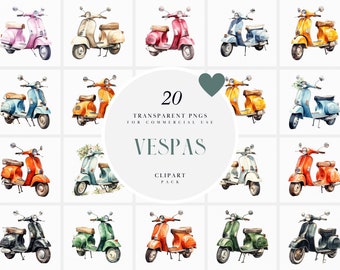 Watercolor Vespas Clipart, Italian  Vespa Clipart, Electric Scooter Clipart, Motorcycle European Piaggio, Transparent PNG, Commercial Use