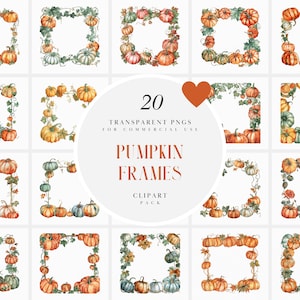 Puede incluir: Una colección de 20 marcos de calabazas en acuarela en varios colores, incluyendo naranja, verde y blanco. Cada marco está adornado con calabazas y follaje, perfecto para diseños con temática otoñal. El texto dice "Pumpkin Frames Clipart Pack".