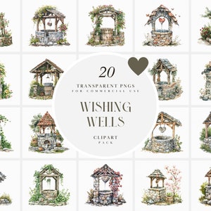 水彩画の願いの井戸のクリップアート、庭の装飾要素、ロマンチック、カップル、庭、コテージ、農場生活、透明な PNG グラフィックス、商用利用