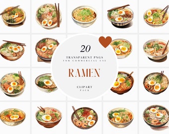 Clipart de ramen japonés en acuarela, fideos ramen, comida japonesa auténtica, plato japonés, ramyeon, comida coreana, PNG transparente, uso comercial