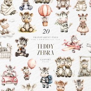 May include: A collection of 20 transparent PNGs featuring watercolour illustrations of teddy bear zebras. The images show zebras in different scenarios, including a hot air balloon and a bathtub. The text reads "TEDDY ZEBRA CLIPART PACK".
